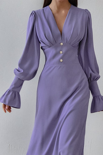 Vintage Lantern Sleeve V-Neck Bodycon Maxi Dress
