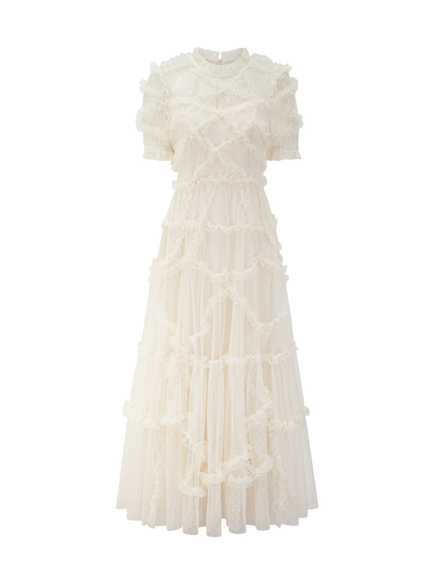 Ruffles Dress Illusion Neckline Ruffles Layered Tulle Maxi Dresses