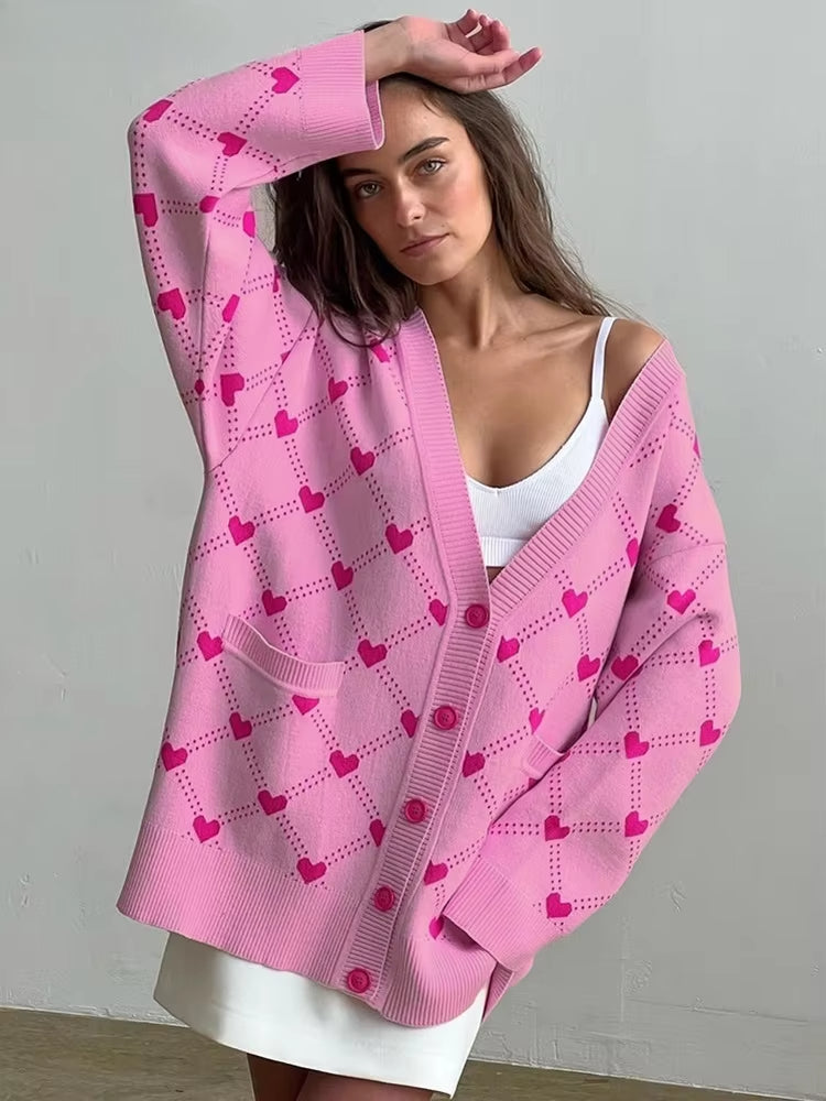 Heart Pattern V-Neck Loose Pockets Knit Cardigan