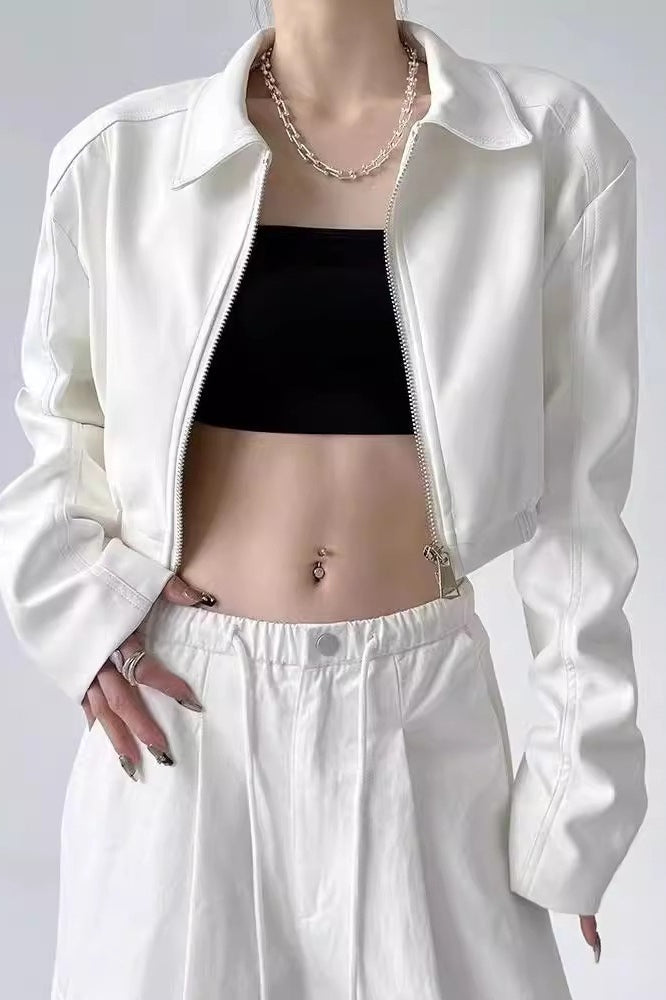 Turn Down Collar Biker Short Jacket