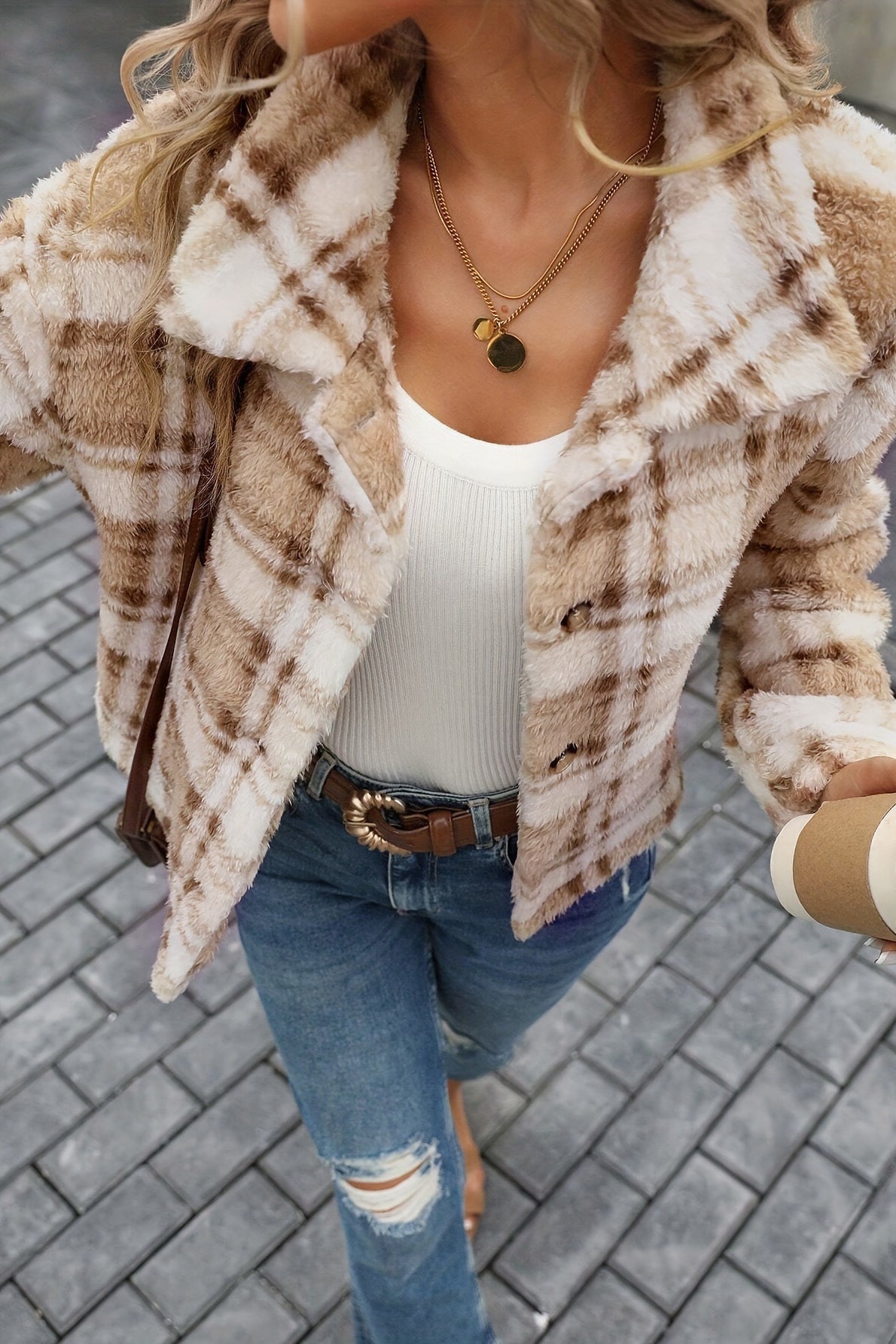 Plush Double Sided Plaid Button Cardigan Coat