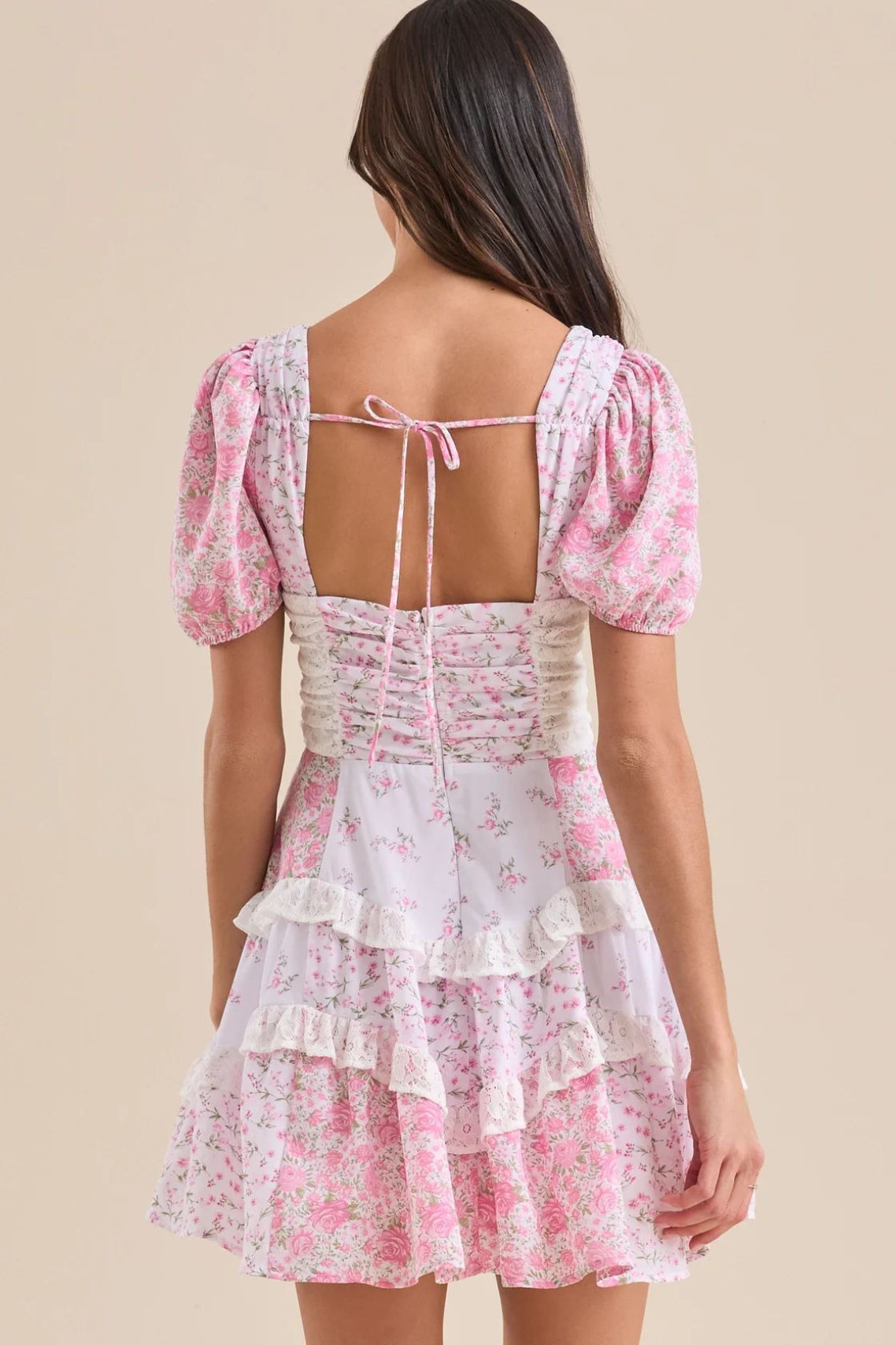 Floral Print Puff Sleeve Lace Smocked Waist Tiered Ruffle Mini Dress