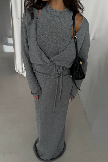 Chic Knit Vest & Bodycon Skirt with Belt Three Piece Set