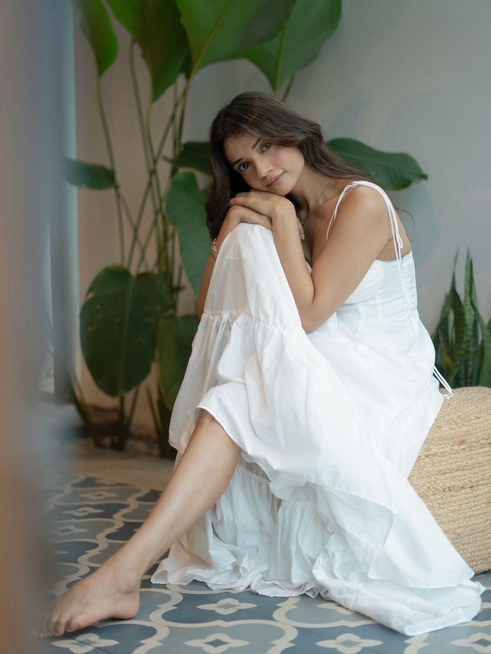 Tied Spaghetti Strap Corset Flare Maxi Dress