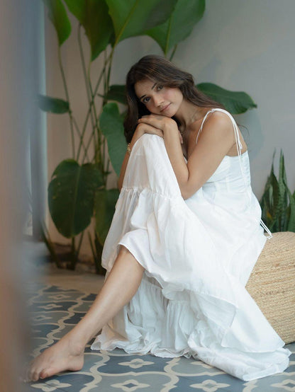 Tied Spaghetti Strap Corset Flare Maxi Dress