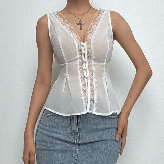 V neck button lace hem solid tank top