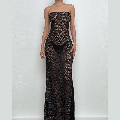 Lace see through solid tube maxi dress-final-sale