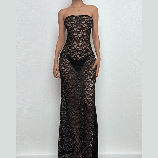 Lace see through solid tube maxi dress-final-sale