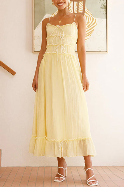 Spaghetti Strap Frill Trim Tie Bow Maxi Dress