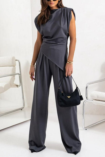 Ruched Asymmetrical Top and Wide Leg Pants Set