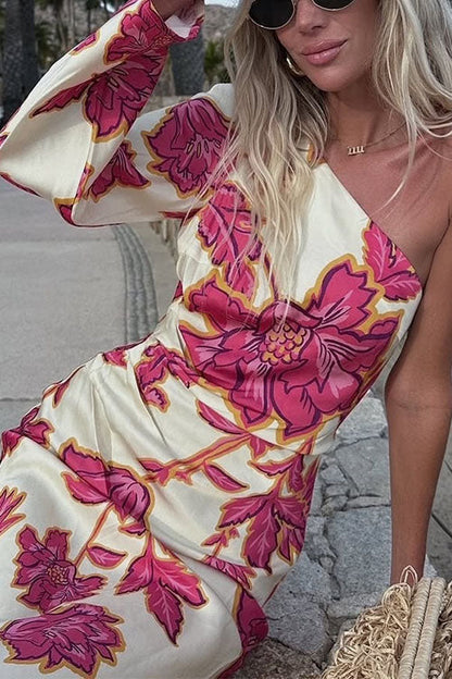 One Shoulder Long Sleeve Floral Print Maxi Dress
