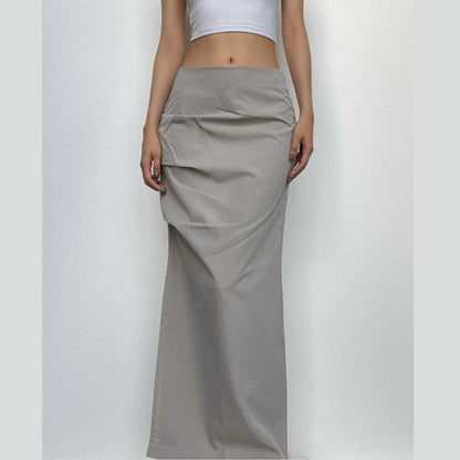 Ruched solid zip-up slit cargo maxi skirt-final-sale