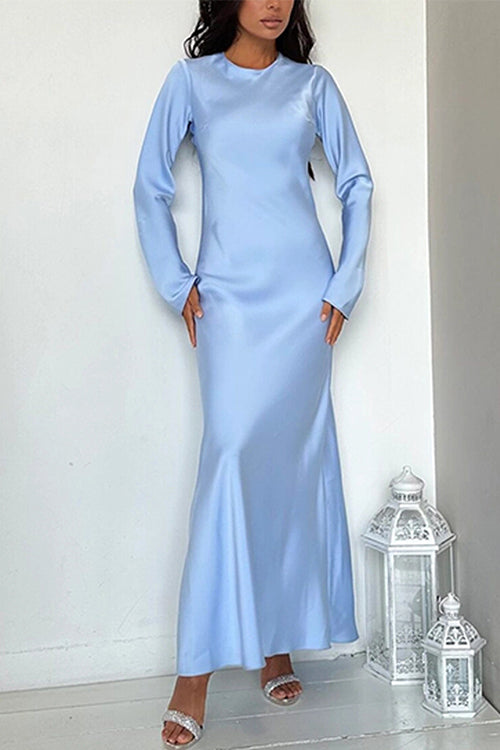 Round Neck Long Sleeves Satin Maxi Party Dress