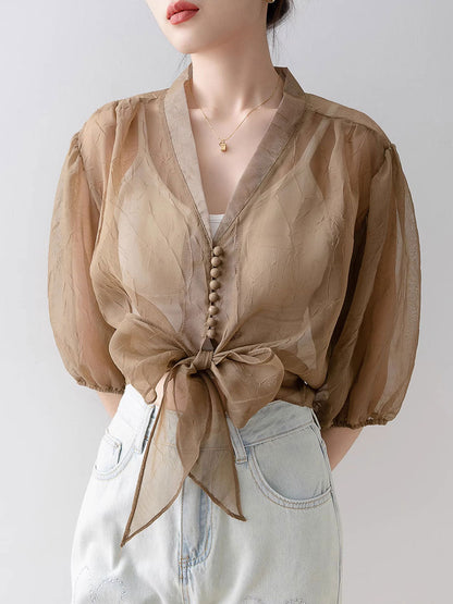 Alyssa Retro V-Neck Lantern Sleeve Chiffon Shirt