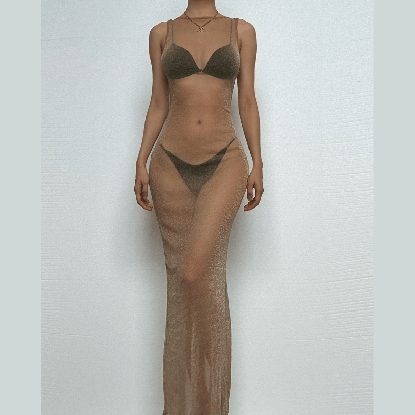 Glitter backless mesh slit maxi dress