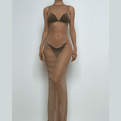 Glitter backless mesh slit maxi dress