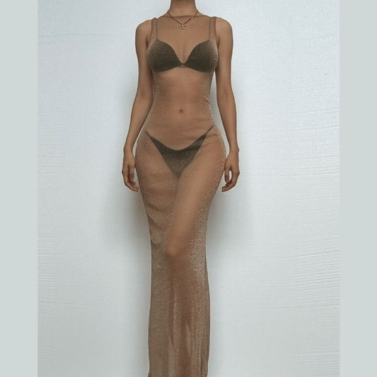 Glitter backless mesh slit maxi dress