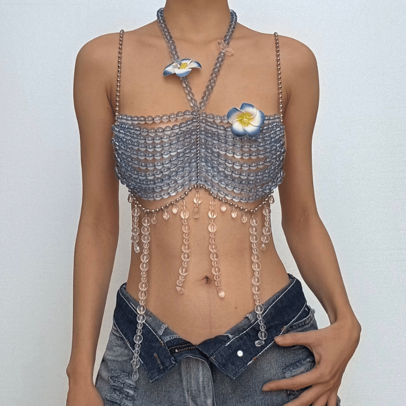 Halter beaded hollow out flower applique cami cut out top