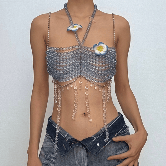 Halter beaded hollow out flower applique cami cut out top