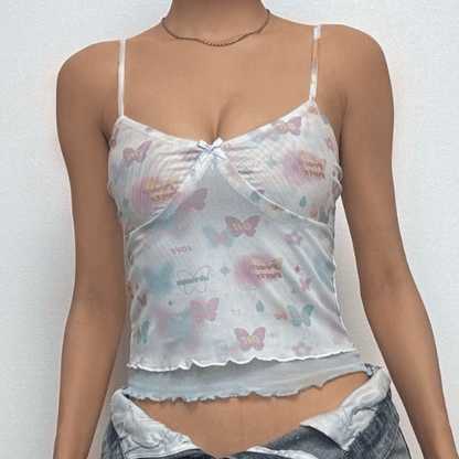Bowknot butterfly print mesh ruffle cami top-final-sale