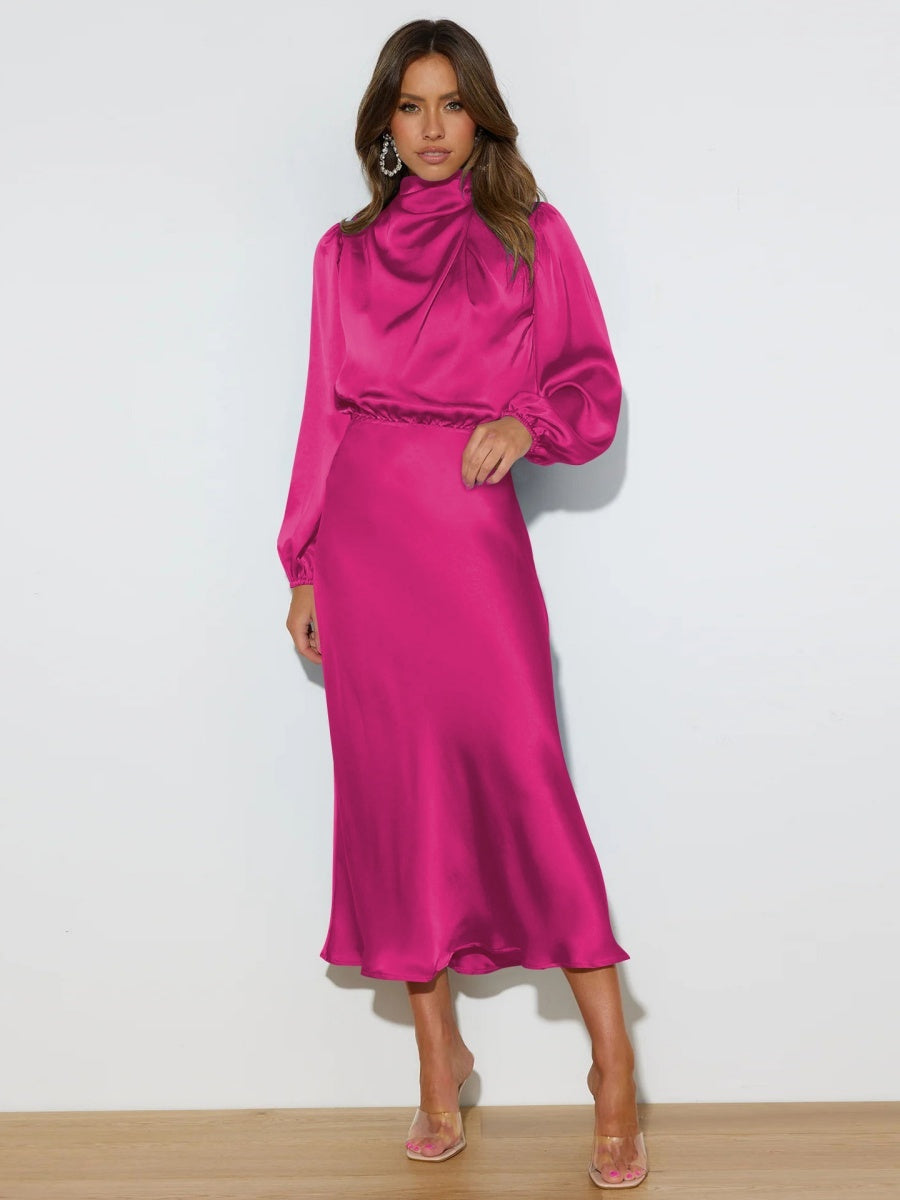 Satin Long Sleeve Loose Turtleneck Midi Dresses