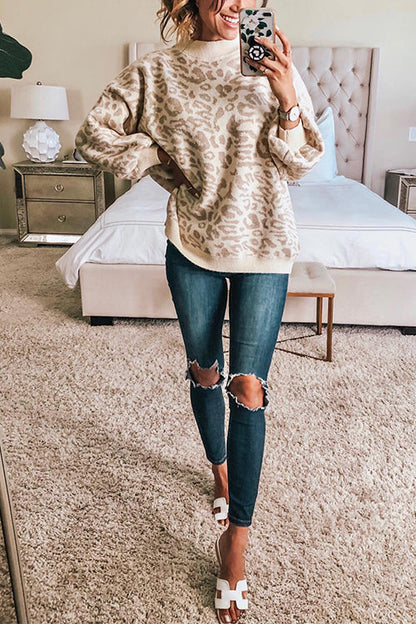 Meridress Crewneck Drop Shoulder Leopard Slouchy Sweater