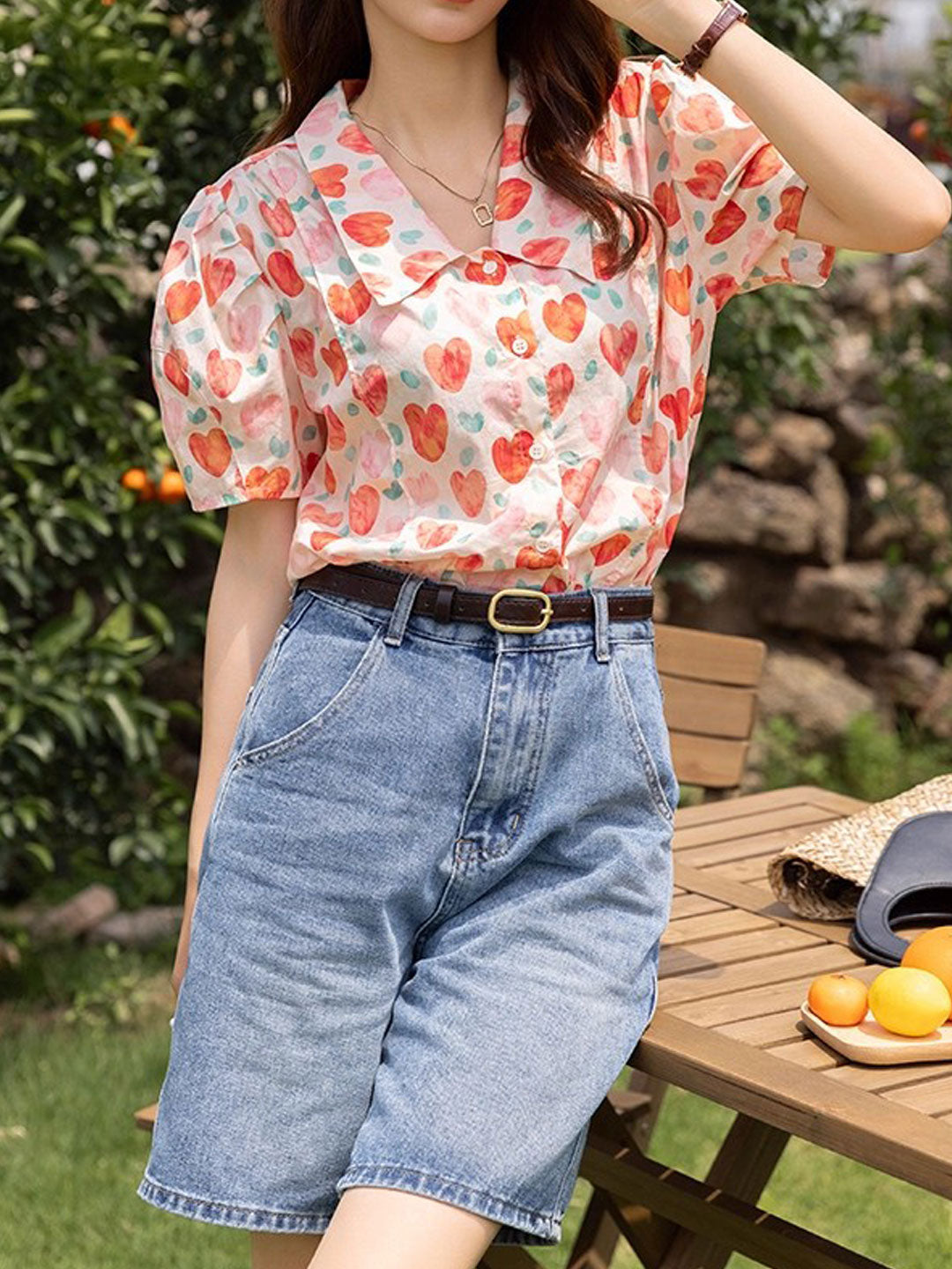 Camila Retro Polo Neck Puff Sleeve Floral Top