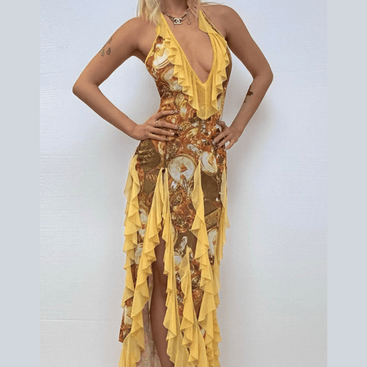 Halter self tie mesh ruffle print v neck maxi dress