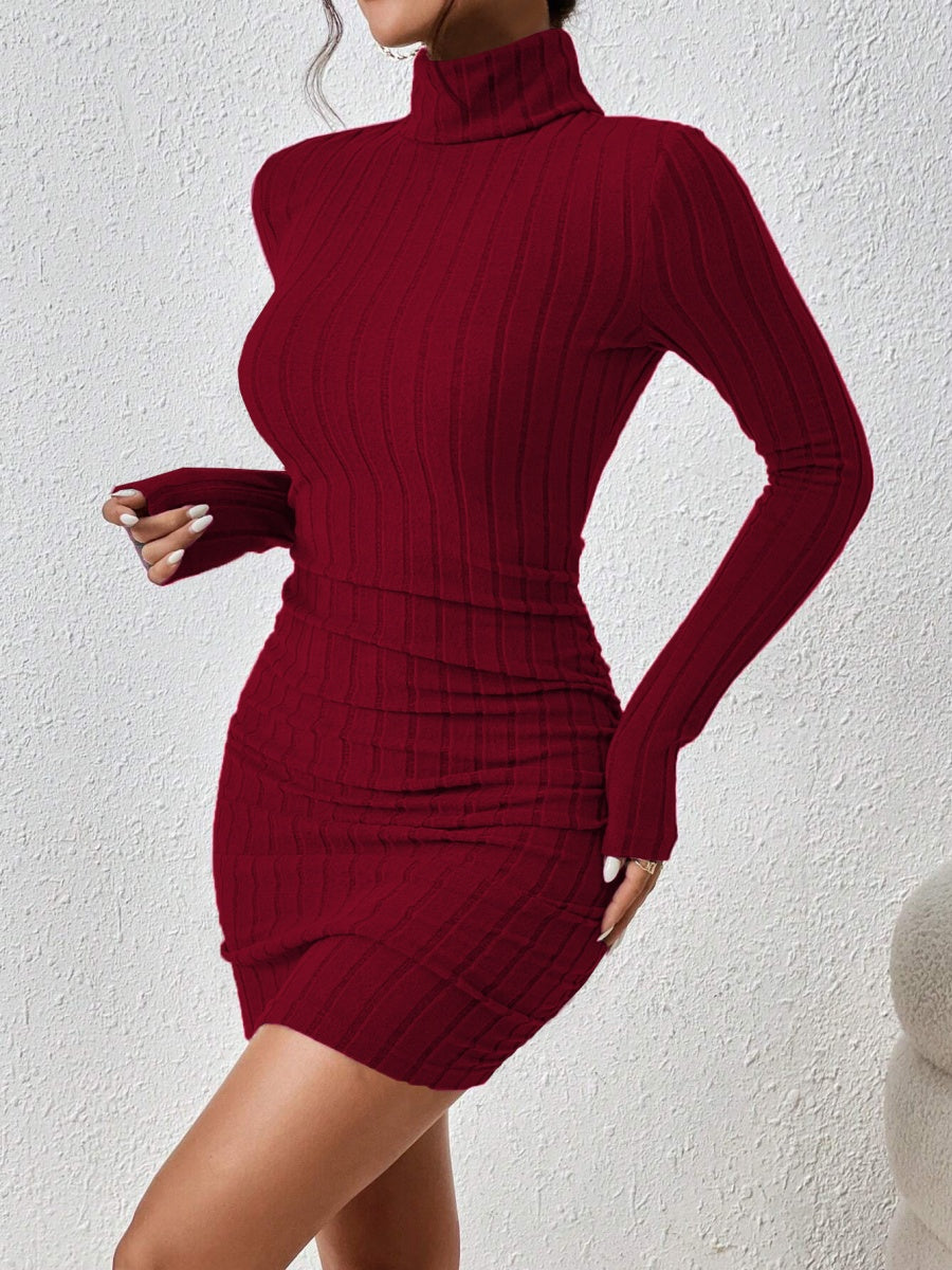 Knitting Turtleneck Long Sleeve Tight Fit Solid Color Pit Strip Mini&Short Dresses