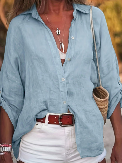 Three-quarter Sleeve Cotton Linen V-neck Loose Button T-shirt