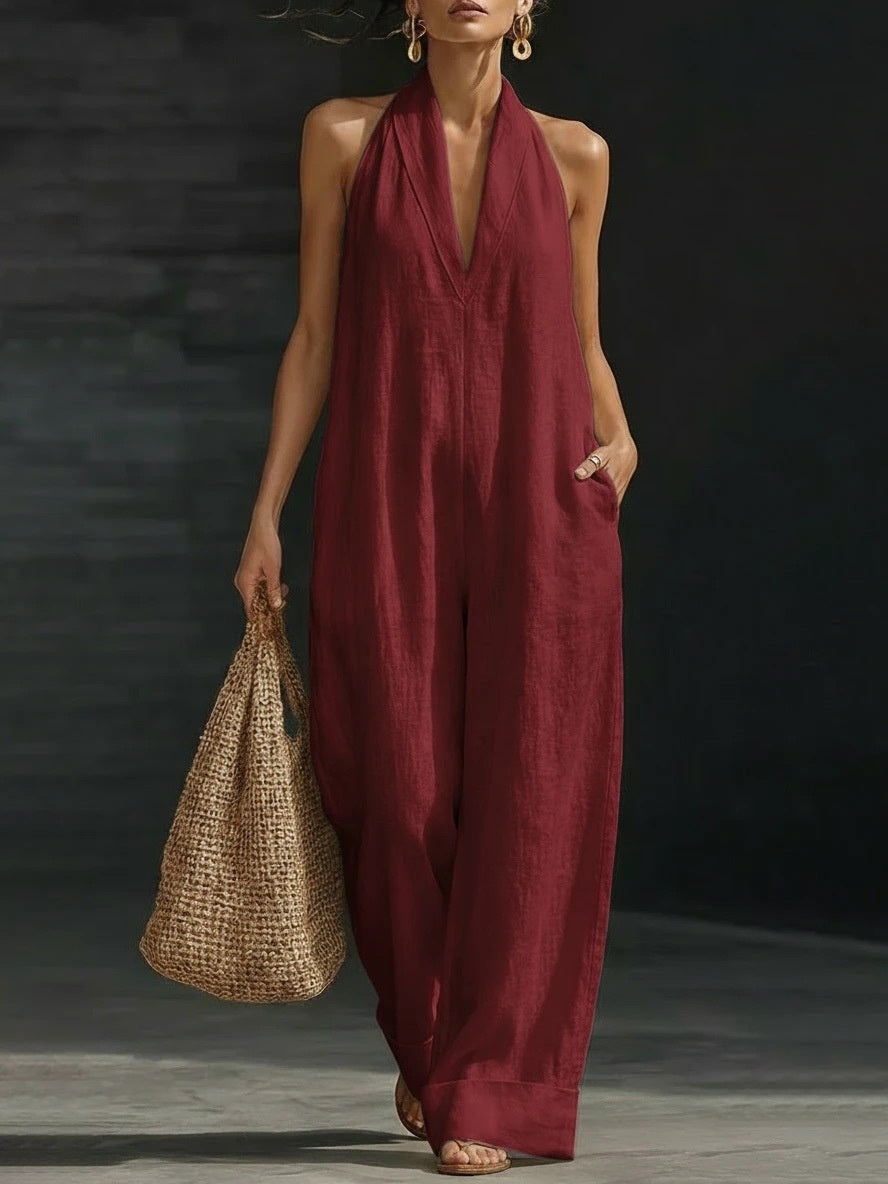 Simple Solid Color V-neck Sleeveless Jumpsuit
