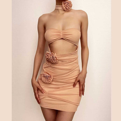 Sheer mesh hollow out flower applique zip-up solid tube cut out mini dress