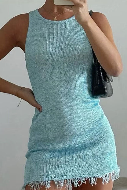 Round Neck Sleeveless Raw Hem Bodycon Mini Dress
