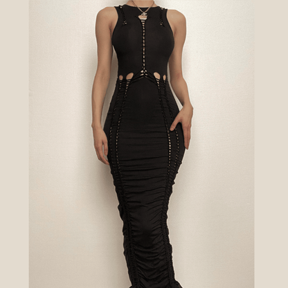 Crewneck sleeveless hollow out solid ruched cut out maxi dress-final-sale