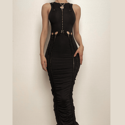 Crewneck sleeveless hollow out solid ruched cut out maxi dress-final-sale