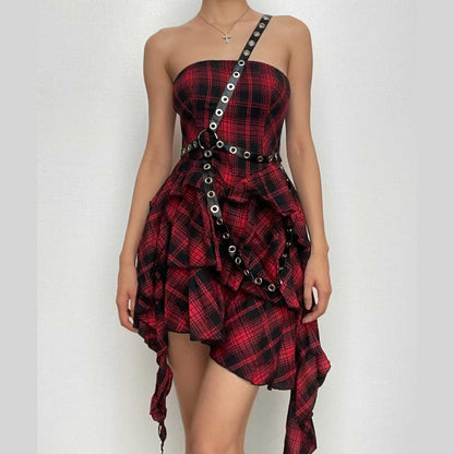 Ruffle plaid zip-up irregular one shoulder backless mini dress | victorian gothic dresses