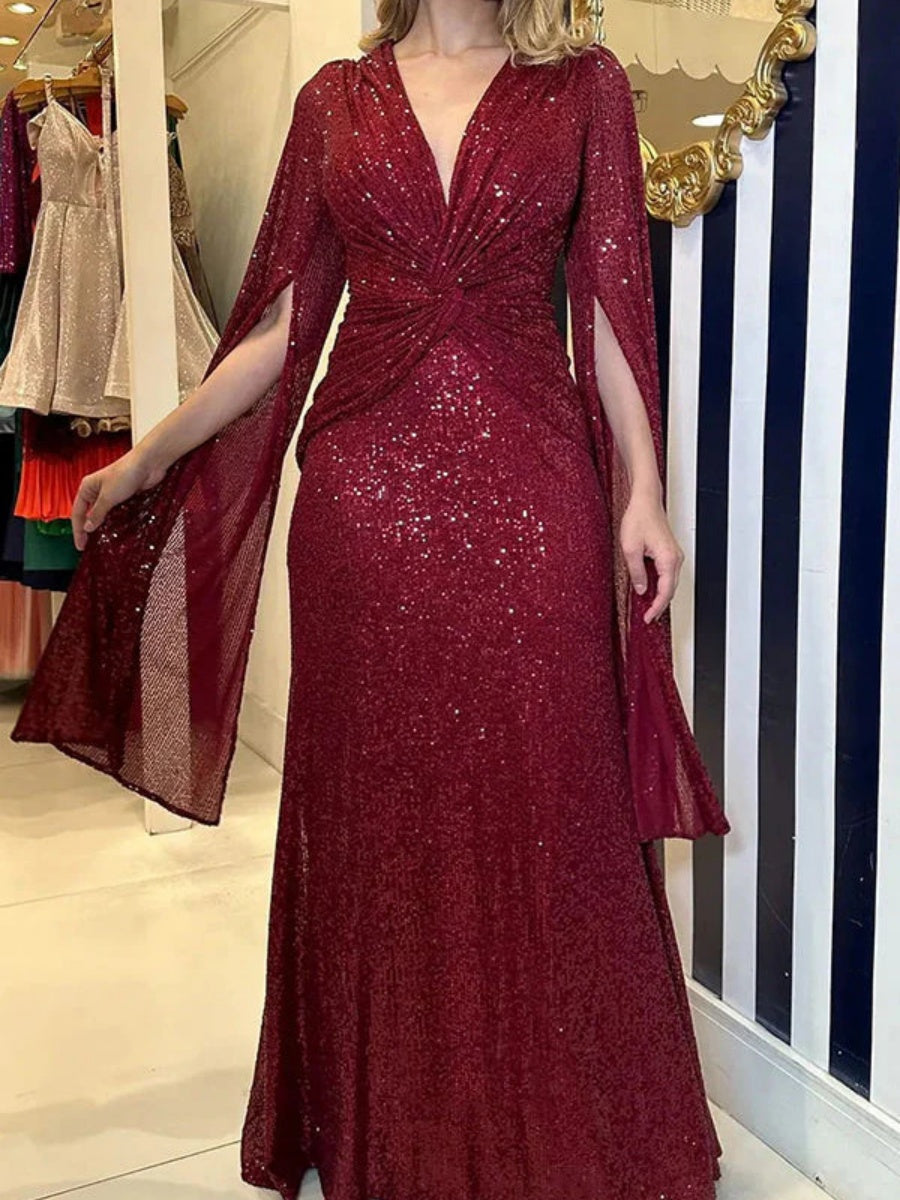 V-neck Hip-hugging Sequins Cloak Parties Maxi Dresses