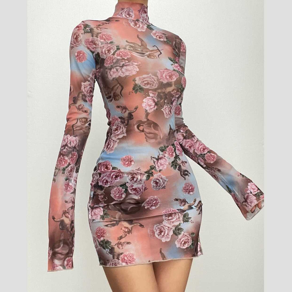 Cherub Floral Print Mock Neck Long Sleeve Lettuce Hem Mini Dress