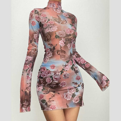 Cherub Floral Print Mock Neck Long Sleeve Lettuce Hem Mini Dress