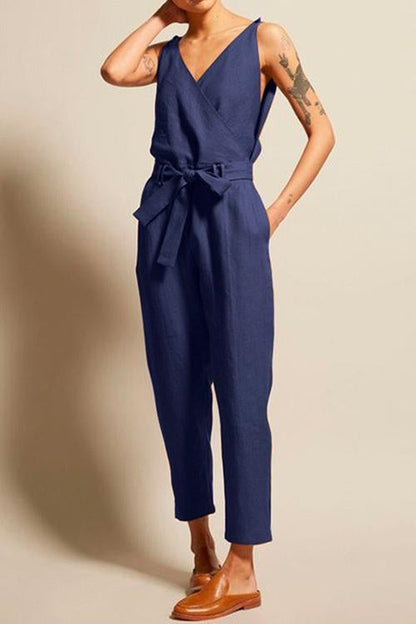 Casual V Neck Sleeveless Wrapped Jumpsuit