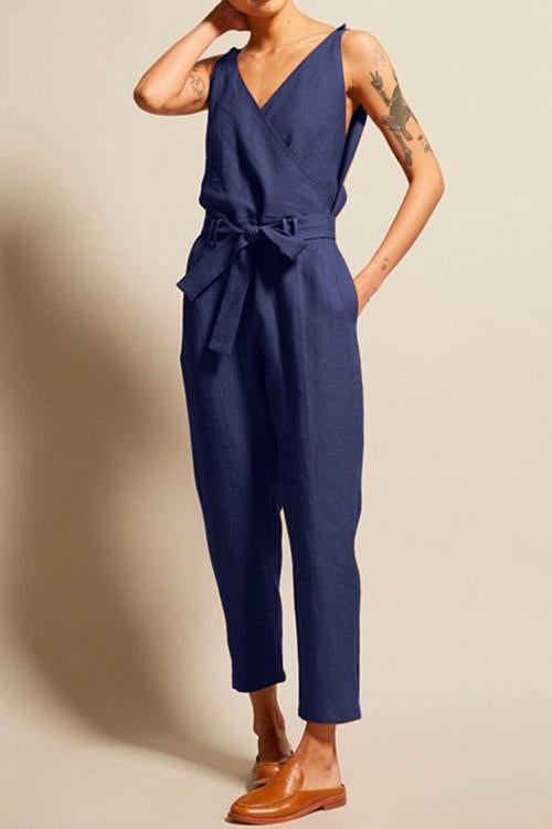 Casual V Neck Sleeveless Wrapped Jumpsuit