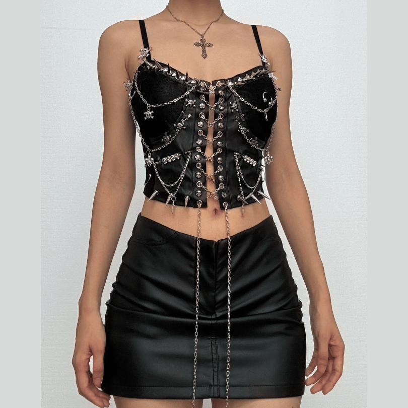 Metal chain rivet lace up PU leather cami top