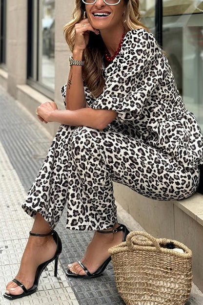 Half Sleeves Button Up Ruffle Shirt and Straight Leg Pants Leopard Set