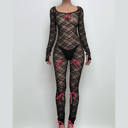 Long sleeve bowknot u neck lace see through jumpsuit-final-sale