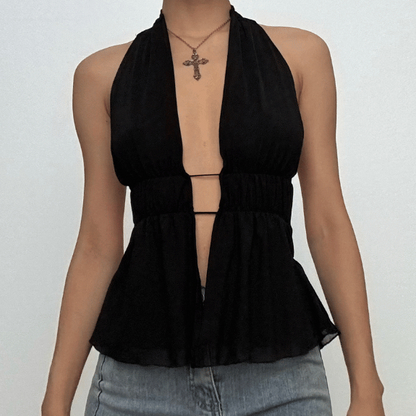 Halter deep v neck ruched backless top