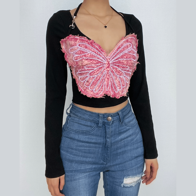 Long sleeve v neck butterfly embroidery halter contrast top-final-sale