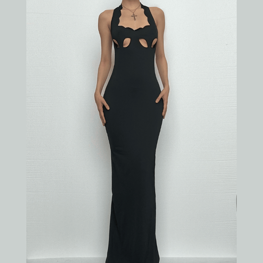 Halter hollow out backless high slit cut out maxi dress-final-sale