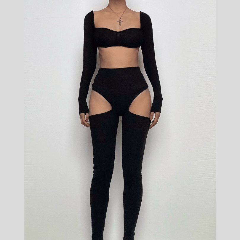 Long sleeve square neck ribbed hollow out pant set