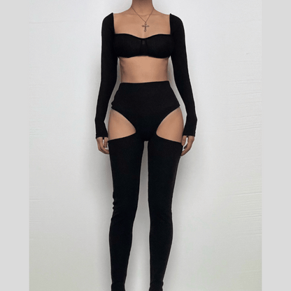 Long sleeve square neck ribbed hollow out pant set