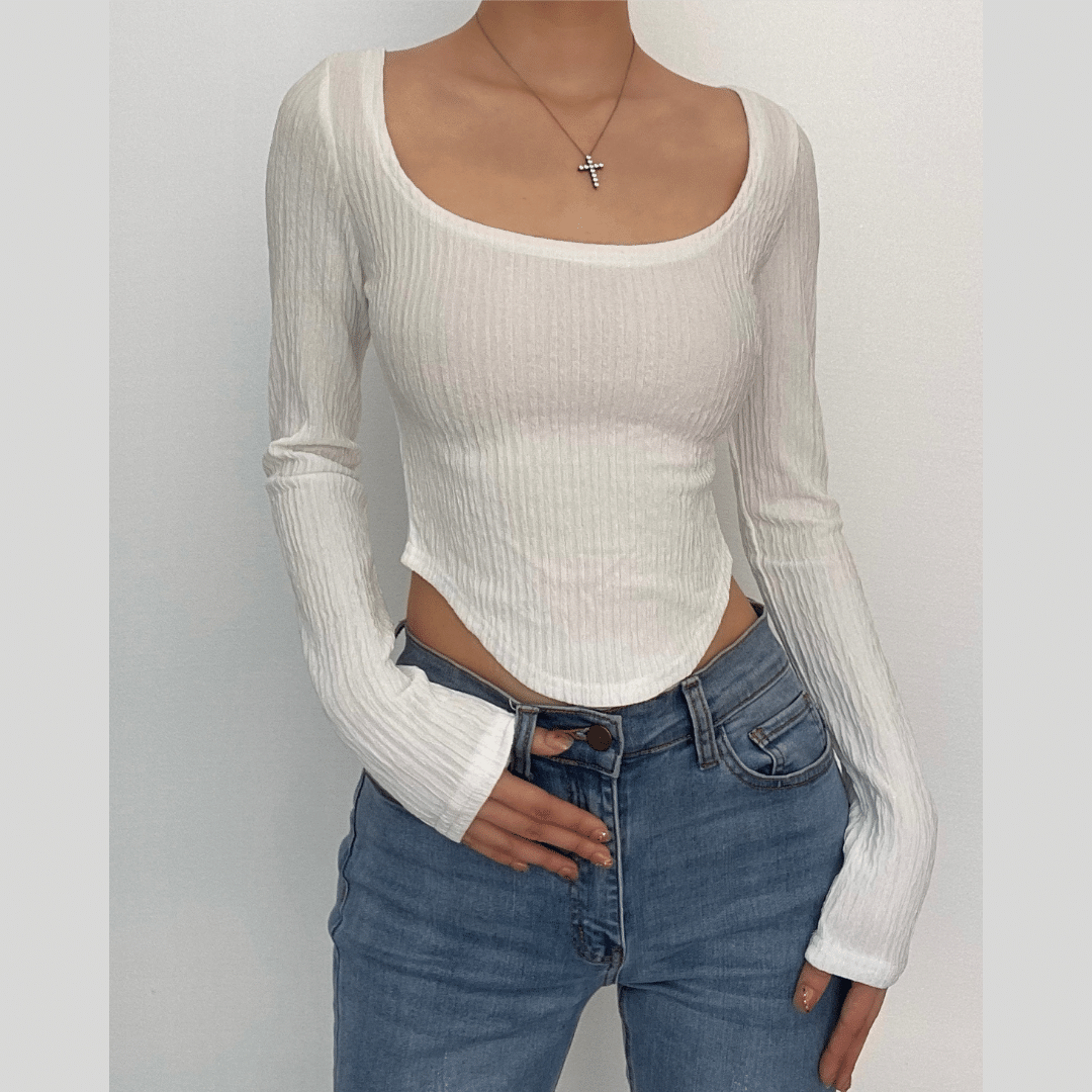 Long sleeve textured solid square neck crop top
